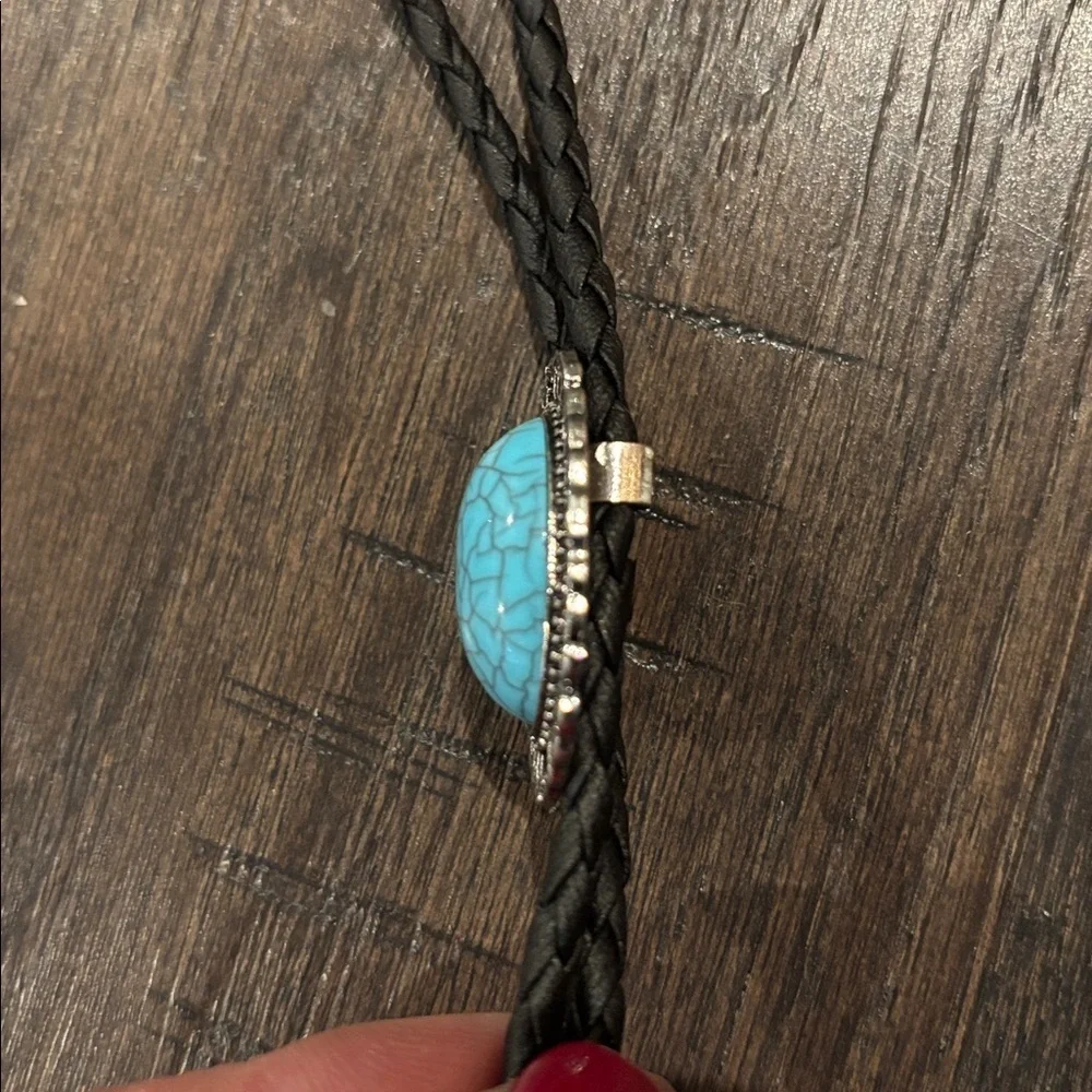YMI Bolo Tie Faux Turquoise stone on silvertone, slide, leatherette neck tie